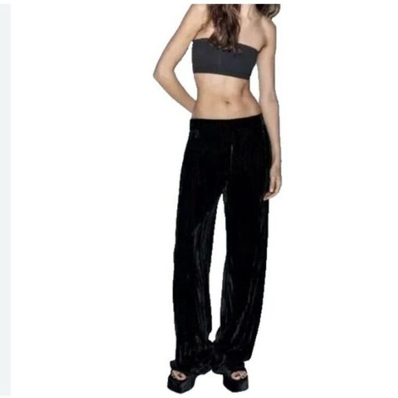 Zara Womens Crushed Velvet Pants Trousers XL Navy Blue drawstring 8245/600 NWT - Picture 1 of 8
